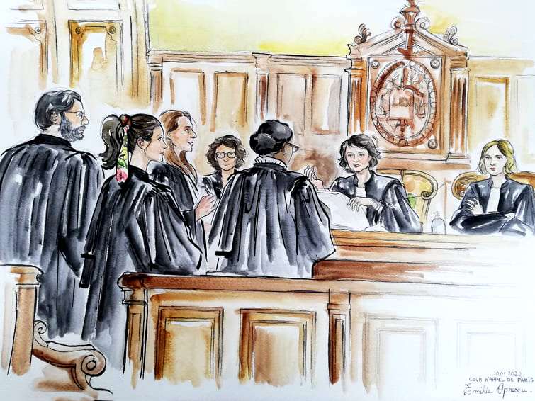 un dessin d'audience au tribunal avec beaucoup de femmes